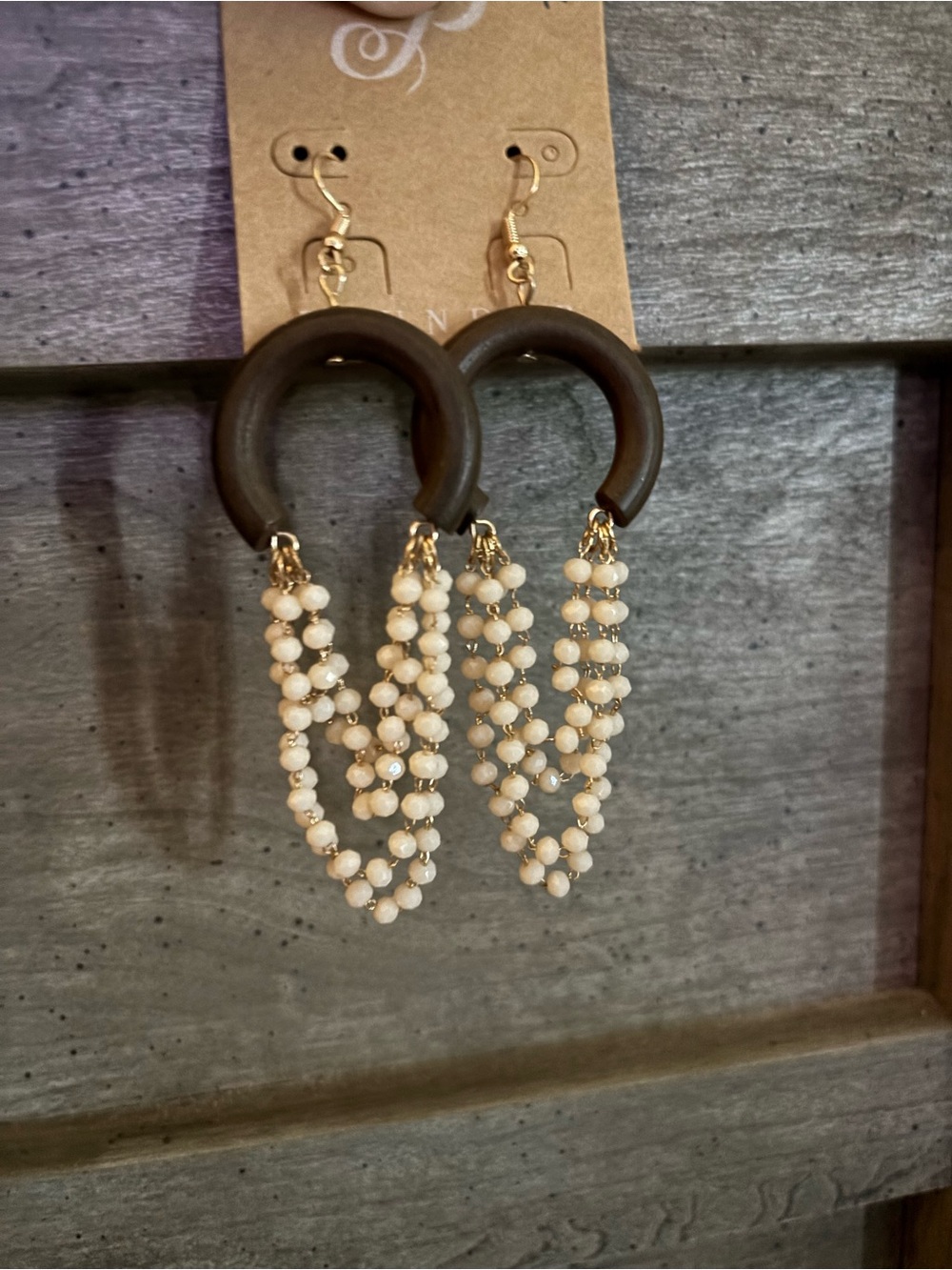 Wood Look Hoop & Cream Beaded Drop Earrings